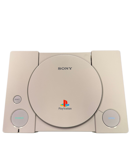 Top down view of a classic Sony PlayStation 1 console showing the disc lid, power and reset buttons, and logo.