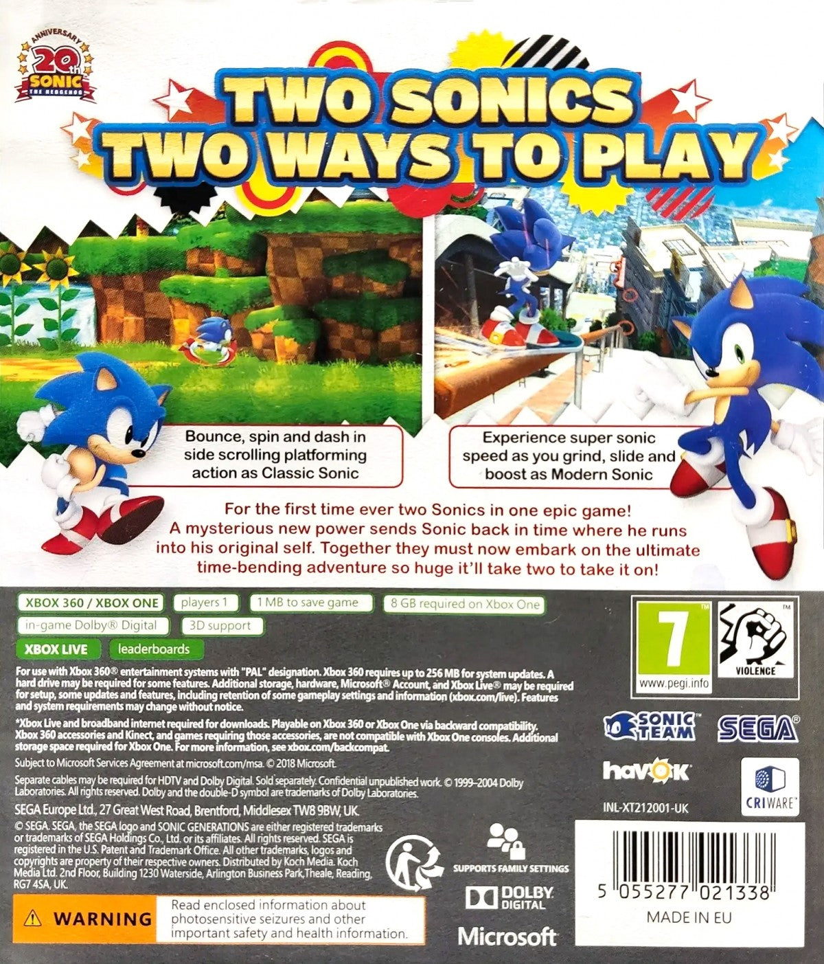 Sonic Generations PAL Import Xbox One XONE video game featuring fast paced action platforming gameplay Sonic the Hedgehog classic and modern Sonic characters high speed running 2D side scrolling stages 3D platforming levels iconic Sonic worlds Dr Eggman boss battles collectible rings time challenges and PAL region import edition retro video game collection collectible gaming appeal back cover art