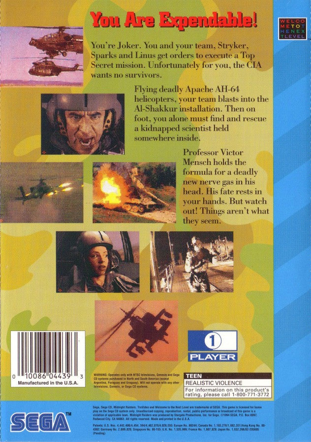 Midnight Raiders Sega CD full motion video FMV arcade style helicopter combat game modern military action night missions shooting bombing runs interactive movie gameplay cinematic cutscenes retro gaming Sega CD software video game title back cover art