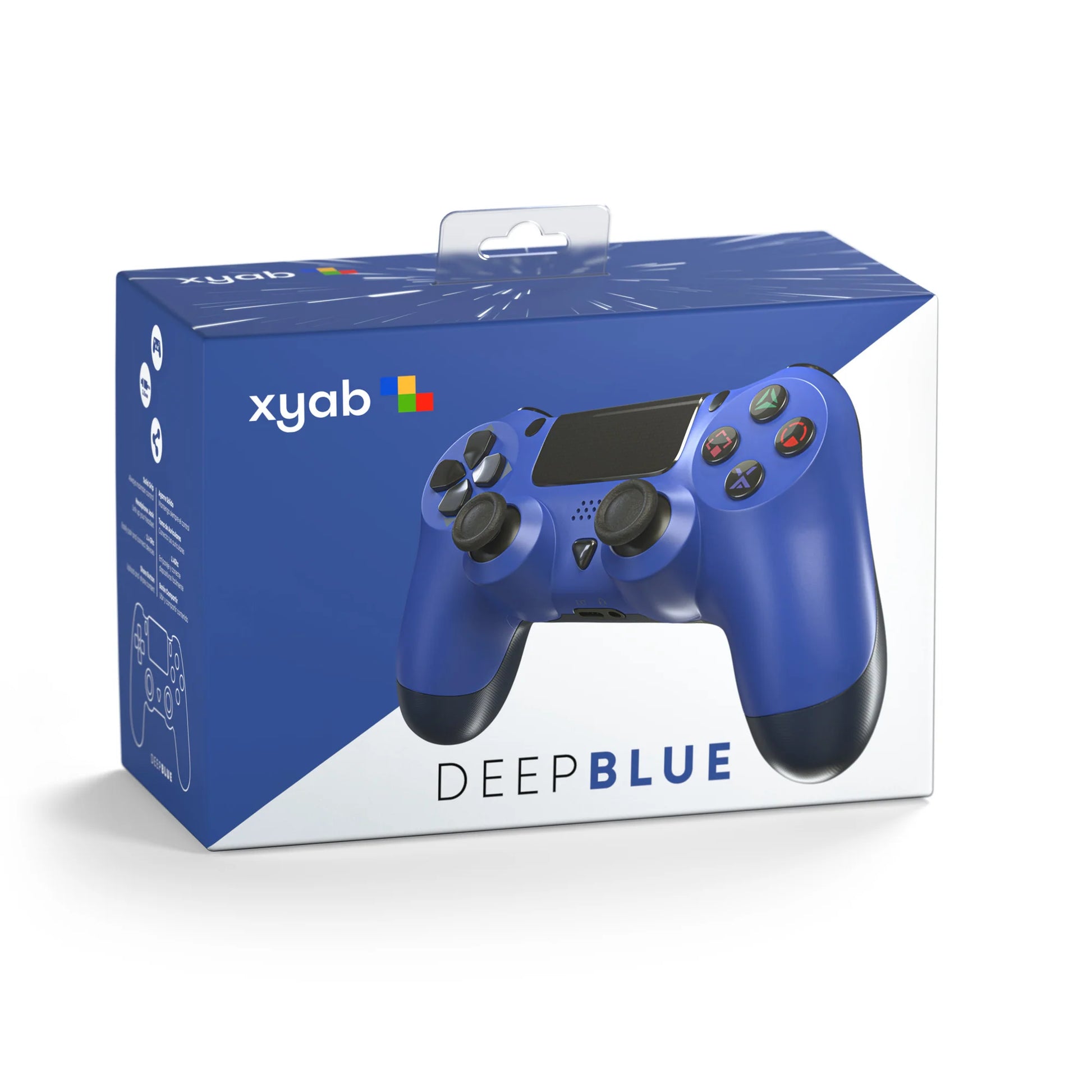 XYAB brand 1-to-1 third-party wireless controller for PlayStation 4 in blue featuring analog sticks, action buttons, shoulder buttons, and ergonomic design