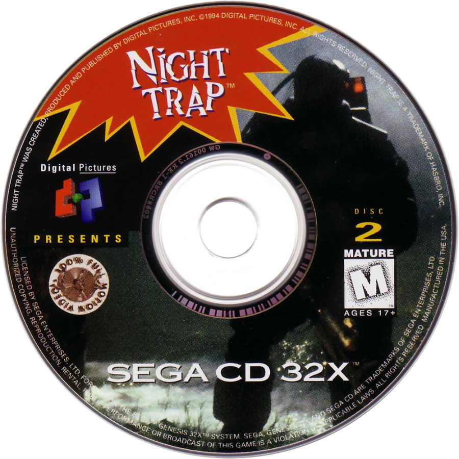Night Trap Sega CD 32X (enhanced Sega CD version) full motion video FMV interactive movie game surveillance horror traps gameplay live action footage mansion setting vampire attack storyline branching choices Digital Pictures retro gaming Sega CD software video game title disc 2