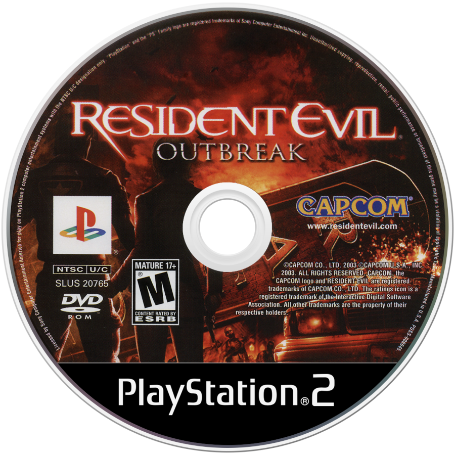 Resident Evil: Outbreak – PlayStation 2 (PS2) video game disc, survival horror title.
