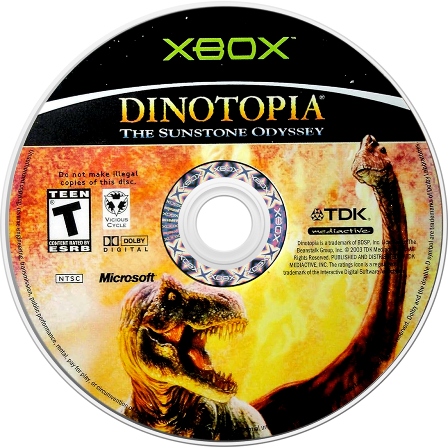 Dinotopia Sunstone Odyssey retro Xbox video game Dinotopia fantasy adventure dinosaur world exploration action puzzle solving story driven console title Xbox release disc