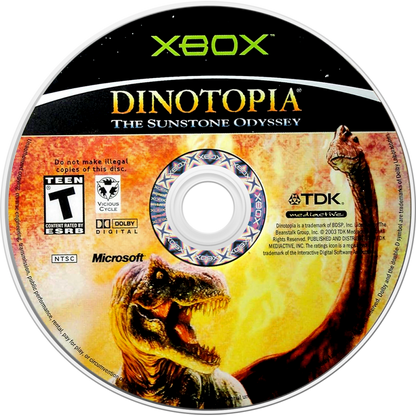 Dinotopia Sunstone Odyssey retro Xbox video game Dinotopia fantasy adventure dinosaur world exploration action puzzle solving story driven console title Xbox release disc