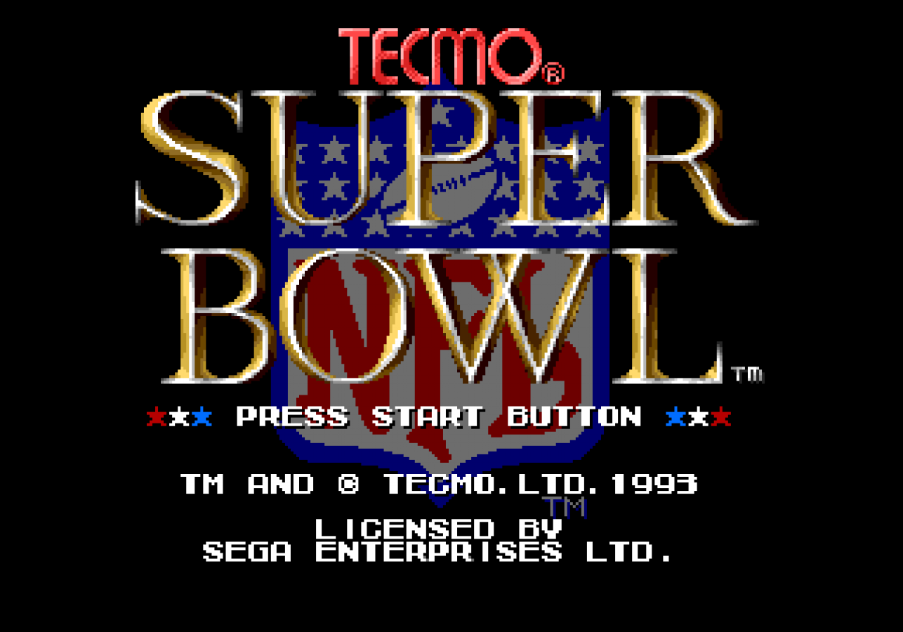 Tecmo Super Bowl for Sega Genesis with classic 16-bit football simulation theme title screen