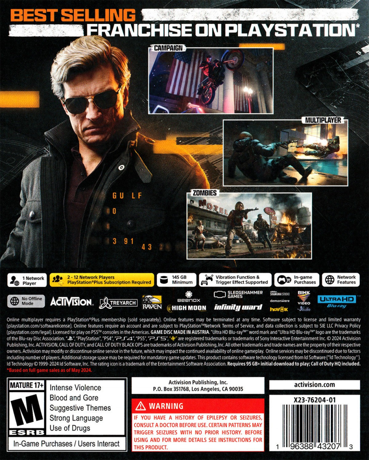 Call of Duty: Black Ops 6 for PlayStation 5 with modern military action and cinematic campaign theme back cover