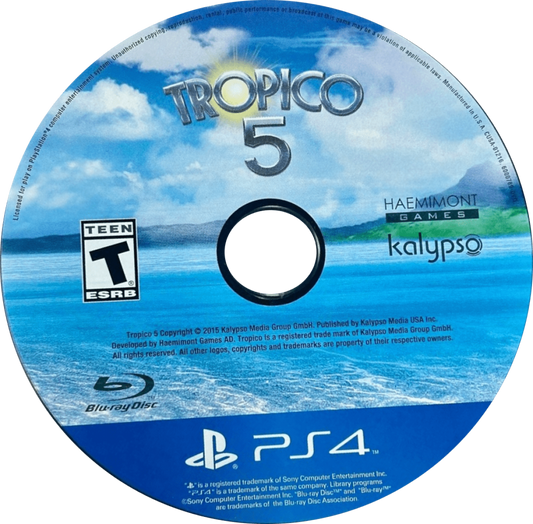 Tropico 5 – PlayStation 4 (PS4) video game disc, city-building strategy simulation game.