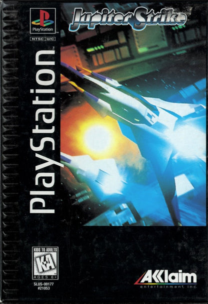 Jupiter Strike PS1 PlayStation 1 space shooter rail shooter arcade style space combat sci fi dogfighting retro video game cover art long box edition