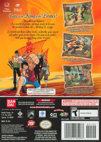 One Piece Grand Battle back cover art for GameCube game featuring anime-inspired fighting gameplay with popular One Piece characters