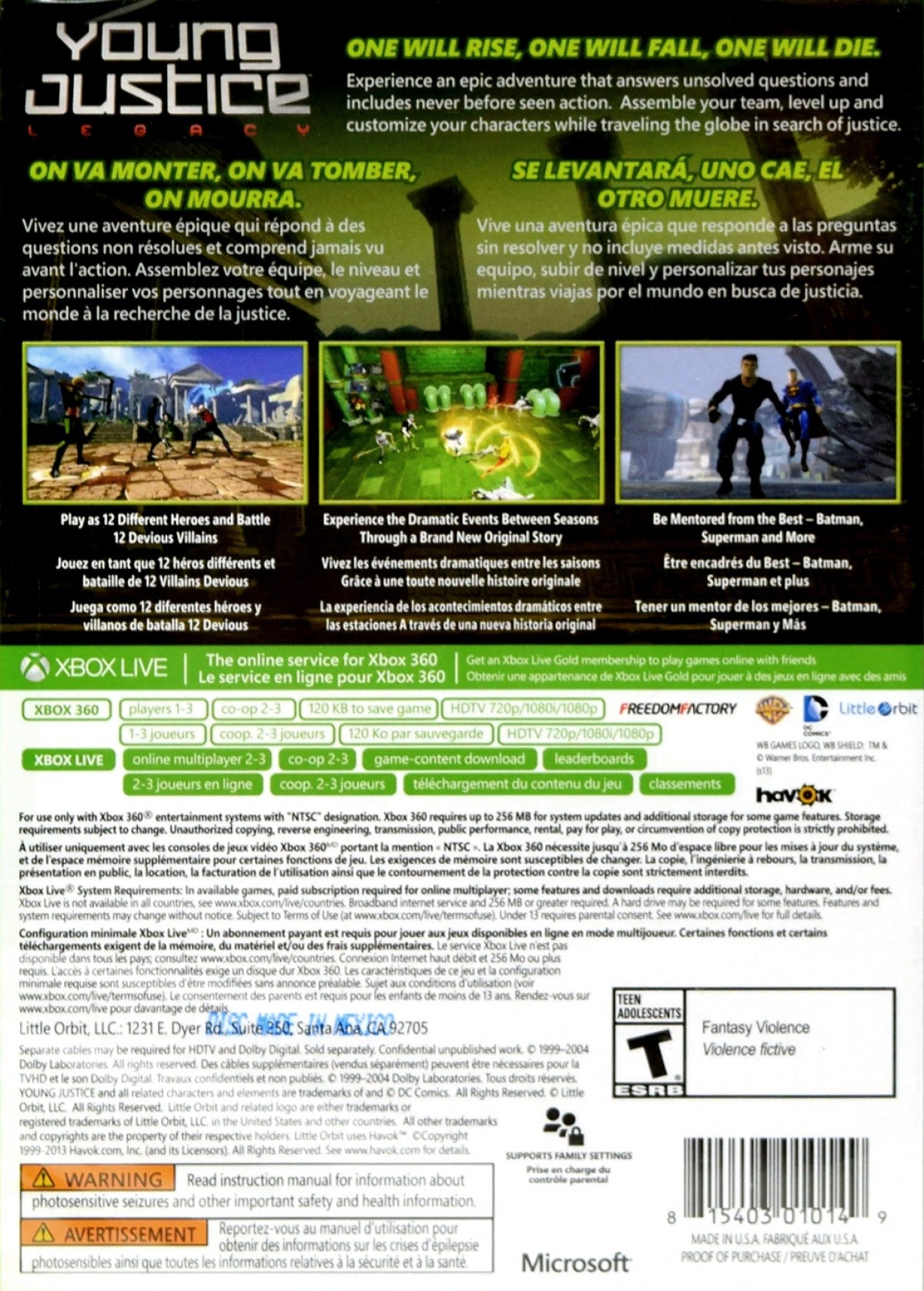 Young Justice Legacy game for the Xbox 360 featuring action RPG gameplay with team based combat character switching and a story set in the Young Justice universe with missions involving the Justice League and sidekicks across multiple locations back cover  