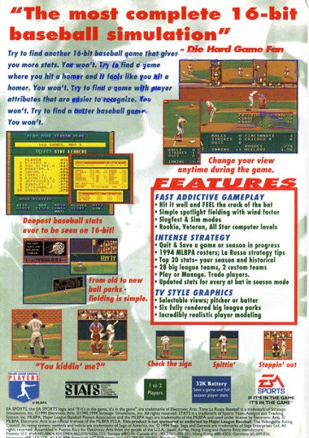 La Russa Baseball 95 back cover art for Sega Genesis (GEN) video game