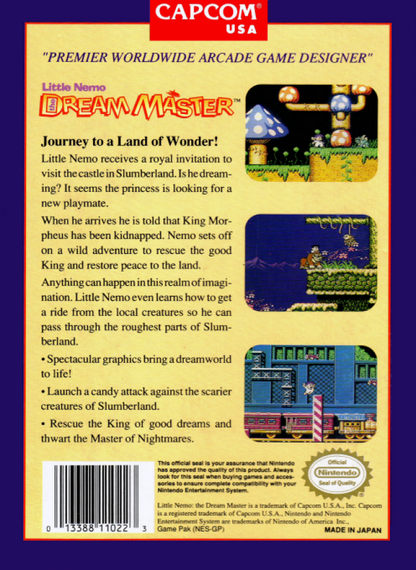 Little Nemo: The Dream Master back of box for Nintendo Entertainment System (NES) retro video game