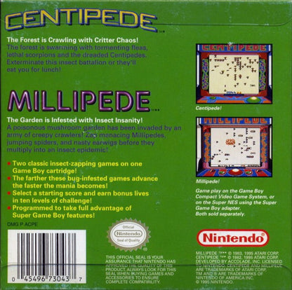 Arcade Classic 2 Centipede and Millipede for Game Boy, back of case for an arcade shooter compilation video game with fast-paced insect blasting gameplay, score-based challenges, and retro action