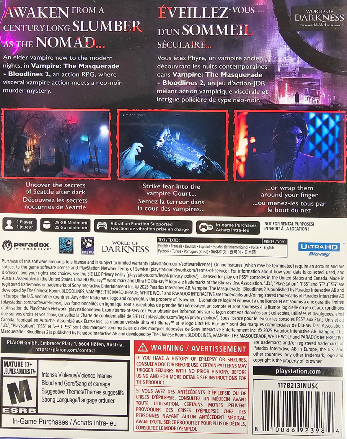 Vampire The Masquerade Bloodlines 2 PlayStation 5 PS5 for action role playing video game fans featuring vampire abilities dark gothic environments Seattle exploration character customization branching choices faction conflicts supernatural combat immersive storytelling and atmospheric vampire adventure collectible gaming appeal back cover art