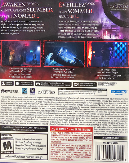 Vampire The Masquerade Bloodlines 2 PlayStation 5 PS5 for action role playing video game fans featuring vampire abilities dark gothic environments Seattle exploration character customization branching choices faction conflicts supernatural combat immersive storytelling and atmospheric vampire adventure collectible gaming appeal back cover art