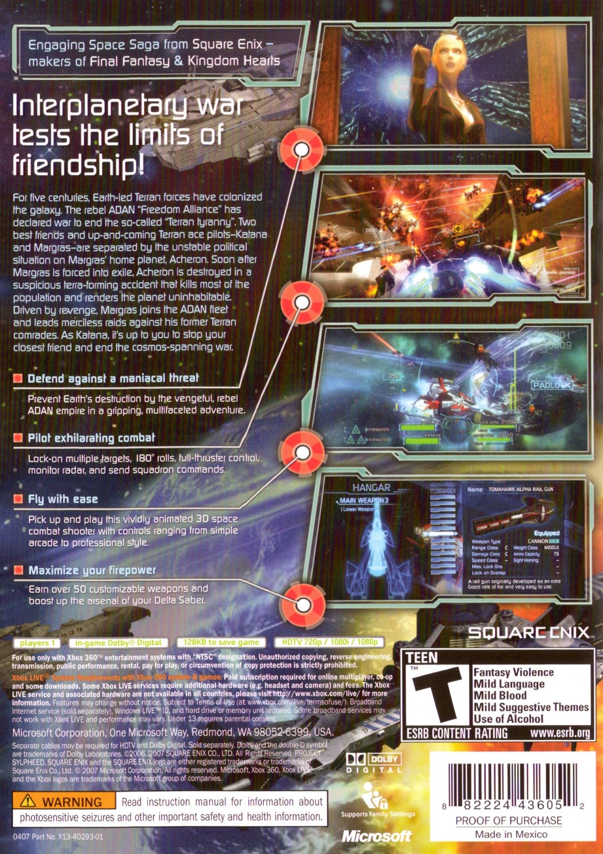 Project Sylpheed Xbox 360 space shooter action game aerial combat space combat simulation sci fi story campaign Square Enix Game Arts futuristic spacecraft dogfights mission based gameplay Xbox 360 software video game title back cover art