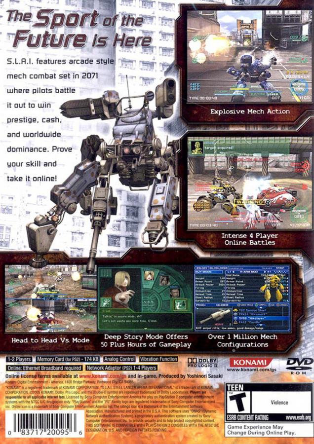 SLAI Steel Lancer Arena International PS2 Sony PlayStation 2 vehicular combat action game customizable combat vehicles arena battles futuristic racing and shooting missions Konami multiplayer combat retro gaming PlayStation 2 software video game title back cover art