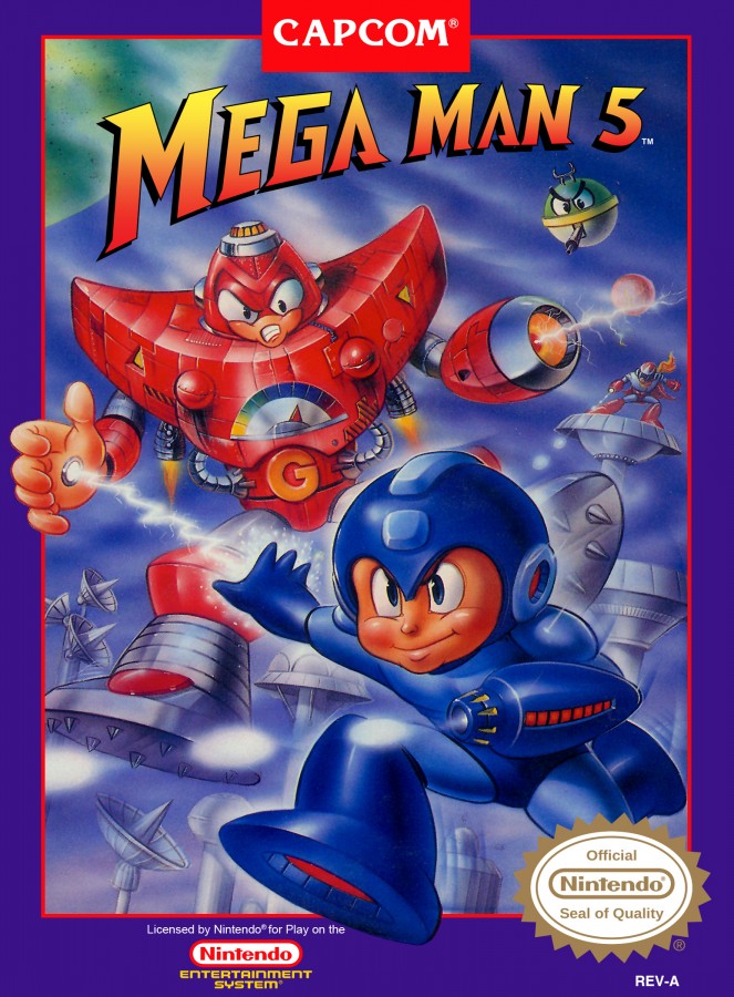 Mega Man 5 NES Nintendo Entertainment System action platformer side scrolling shooter run and gun robot masters boss battles Capcom classic retro 8 bit gaming cartridge video game title cover art 