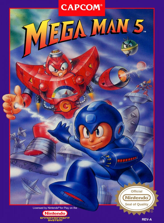 Mega Man 5 NES Nintendo Entertainment System action platformer side scrolling shooter run and gun robot masters boss battles Capcom classic retro 8 bit gaming cartridge video game title cover art 