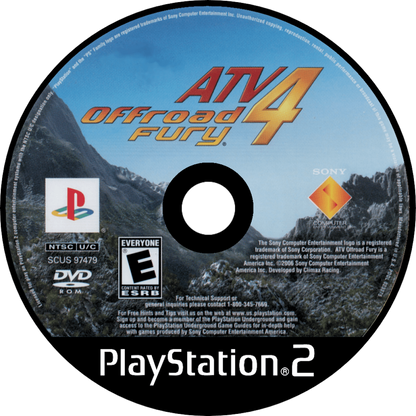 ATV Offroad Fury 4 for PlayStation 2 off road racing video game featuring expansive open environments licensed ATVs stunt challenges competitive multiplayer modes and fast paced extreme sports racing experience disc
