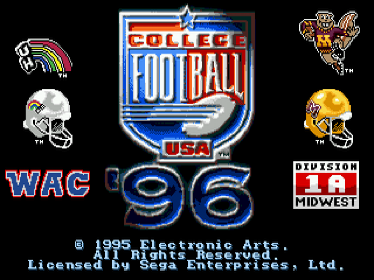 College Football USA 96 title screen for Sega Genesis GEN video game