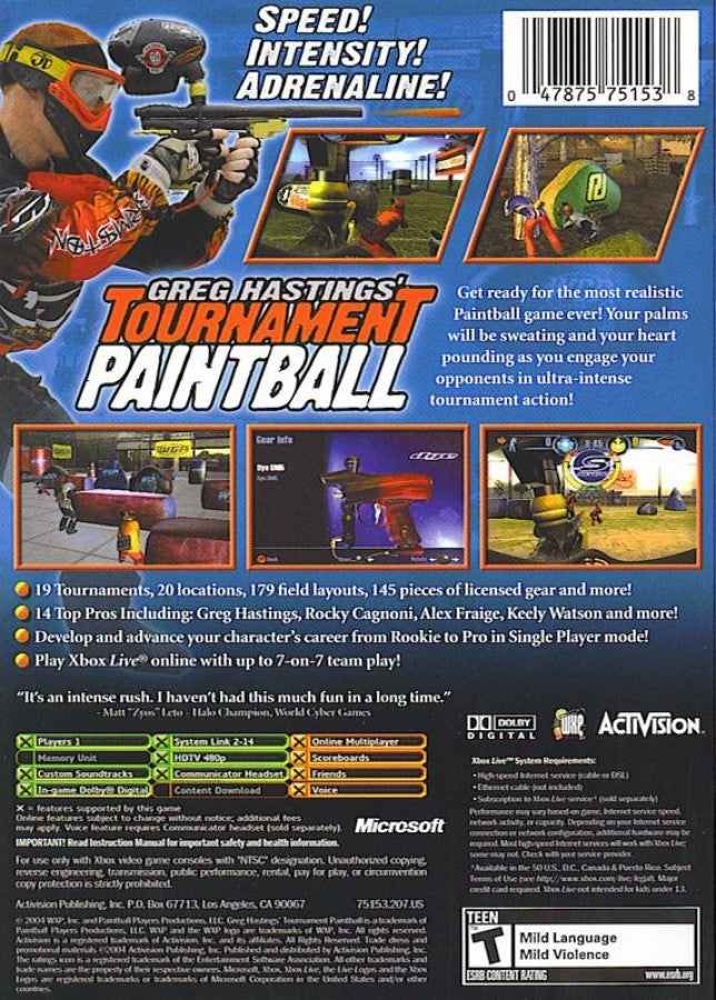 Greg Hastings’ Tournament Paintball Platinum Hits Xbox sports shooter video game back cover art.