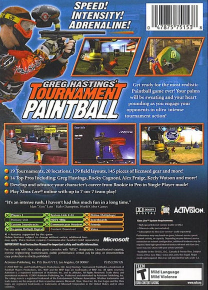 Greg Hastings’ Tournament Paintball Platinum Hits Xbox sports shooter video game back cover art.