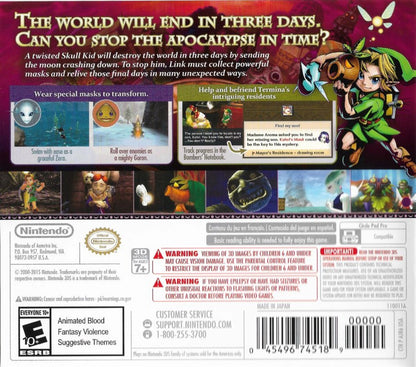 The Legend of Zelda Majora's Mask 3D Nintendo Selects Nintendo 3DS 3DS for action adventure video game fans featuring Link time travel mask transformations Termina exploration dungeons puzzles boss battles collectible items side quests and classic Nintendo 3DS gameplay collectible gaming appeal back cover art