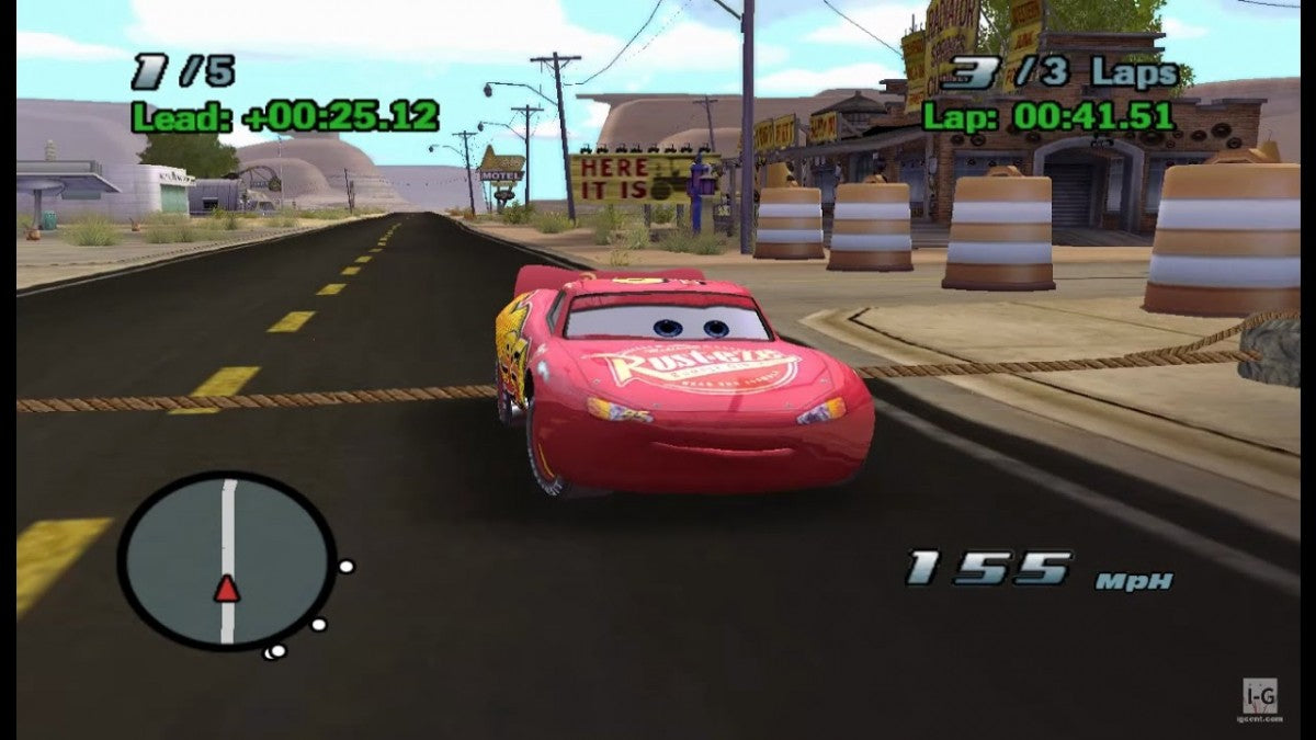 Disney Pixar Cars GameCube inspired design featuring animated racing adventure aesthetic Lightning McQueen Radiator Springs characters fast paced driving gameplay colorful family friendly action movie inspired automotive excitement nostalgic Nintendo presentation gameplay 