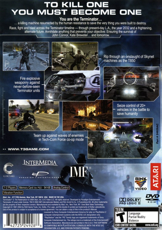 Terminator 3: Redemption – PlayStation 2 (PS2) video game back of case, third-person action shooter.
