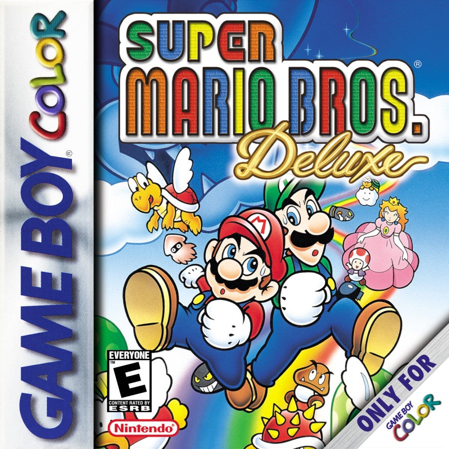 Super Mario Bros Deluxe for Game Boy Color, cover image for a platformer video game with side-scrolling gameplay, classic level design, retro action challenges, and iconic character-based gameplay