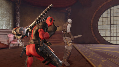 Deadpool PS4 inspired design featuring comic book action adventure aesthetic fourth wall breaking humor chaotic hack and slash combat Marvel antihero gameplay over the top violence cinematic superhero action nostalgic presentation gameplay