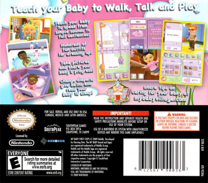 My Baby First Steps for Nintendo DS (DS), back of case for a retro video game featuring baby care simulation gameplay, nurturing activities, mini-games, child development challenges, and family-friendly interactive play