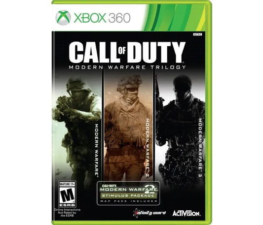 Call of Duty Modern Warfare Trilogy for Xbox 360 shooter game compilation featuring Modern Warfare Modern Warfare 2 and Modern Warfare 3 with campaign missions multiplayer modes and military combat gameplay front cover