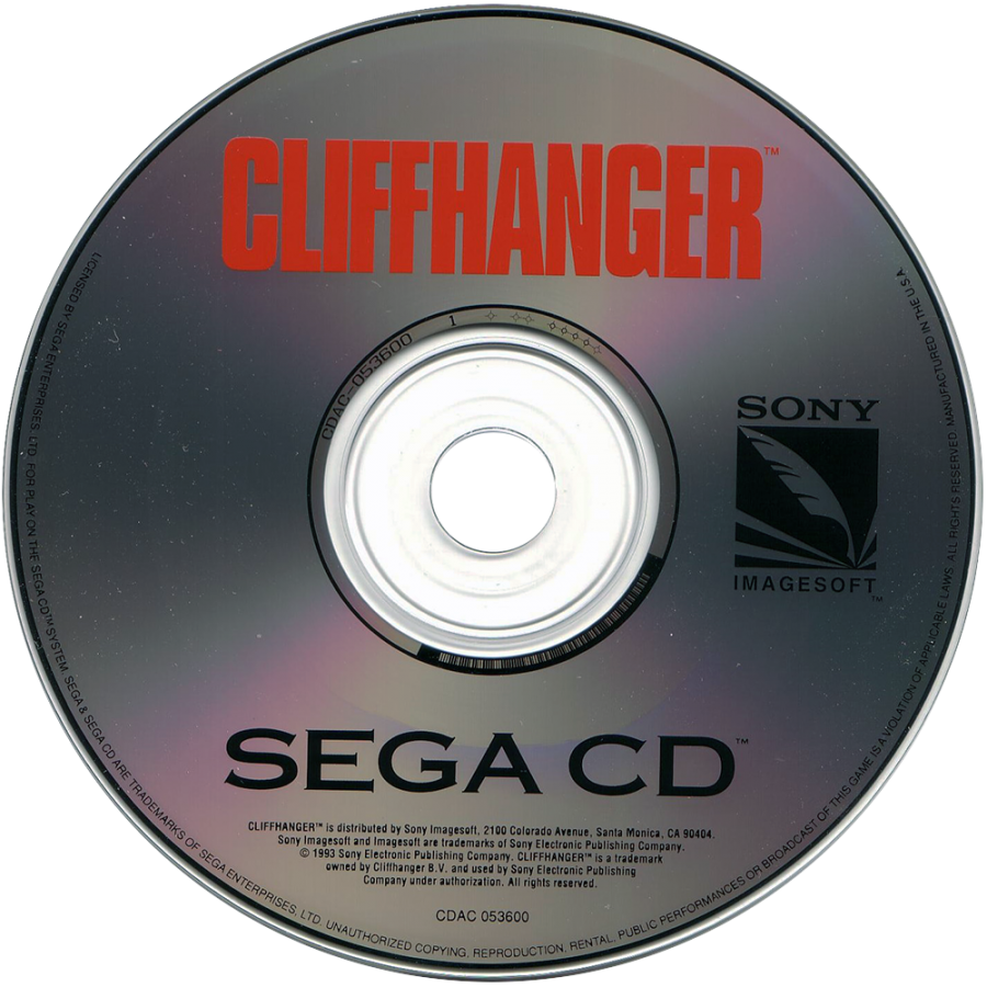 Cliffhanger Sega CD action platformer movie tie in based on Sylvester Stallone film mountain climbing combat survival missions side scrolling gameplay rock climbing hazards fighting enemies cinematic presentation retro gaming Sega CD software video game title disc