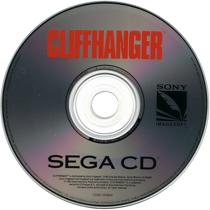 Cliffhanger Sega CD action platformer movie tie in based on Sylvester Stallone film mountain climbing combat survival missions side scrolling gameplay rock climbing hazards fighting enemies cinematic presentation retro gaming Sega CD software video game title disc