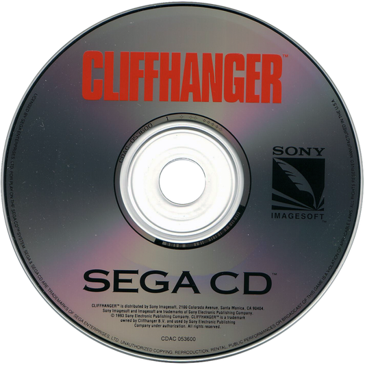Cliffhanger Sega CD action platformer movie tie in based on Sylvester Stallone film mountain climbing combat survival missions side scrolling gameplay rock climbing hazards fighting enemies cinematic presentation retro gaming Sega CD software video game title disc