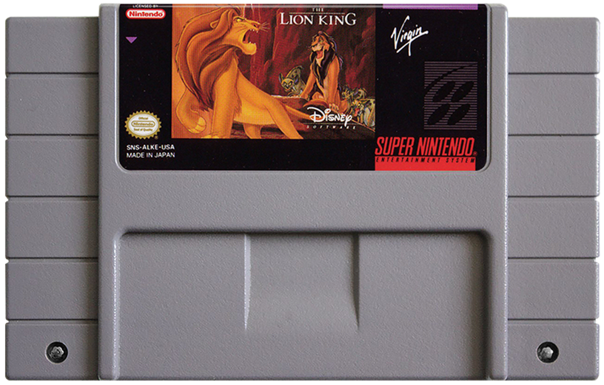 Disney's The Lion King Super Nintendo Entertainment System SNES video game featuring action platforming gameplay Simba adventure Pride Lands exploration enemy encounters obstacle courses power ups challenging stages and classic 16 bit Nintendo gameplay retro video game collection collectible gaming appeal game cartridge