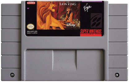 Disney's The Lion King Super Nintendo Entertainment System SNES video game featuring action platforming gameplay Simba adventure Pride Lands exploration enemy encounters obstacle courses power ups challenging stages and classic 16 bit Nintendo gameplay retro video game collection collectible gaming appeal game cartridge