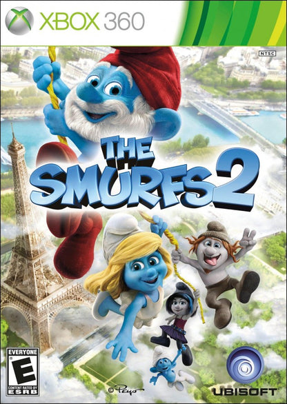 The Smurfs 2 Xbox 360 inspired design featuring colorful platform adventure aesthetic beloved blue characters whimsical fantasy worlds family friendly gameplay cooperative action cartoon inspired fun vibrant animated presentation cover art 