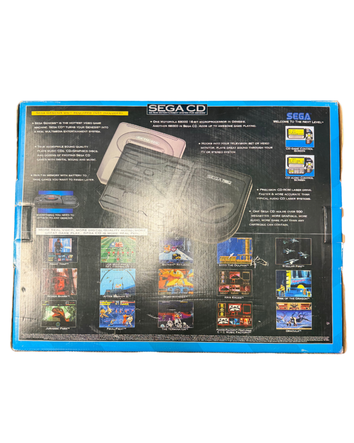 Sega CD Model 2 add on for the Sega Sega Genesis compact disc based gaming expansion improved hardware full motion video CD audio enhanced games side loading design retro gaming hardware accessory 1990s console technology back of box