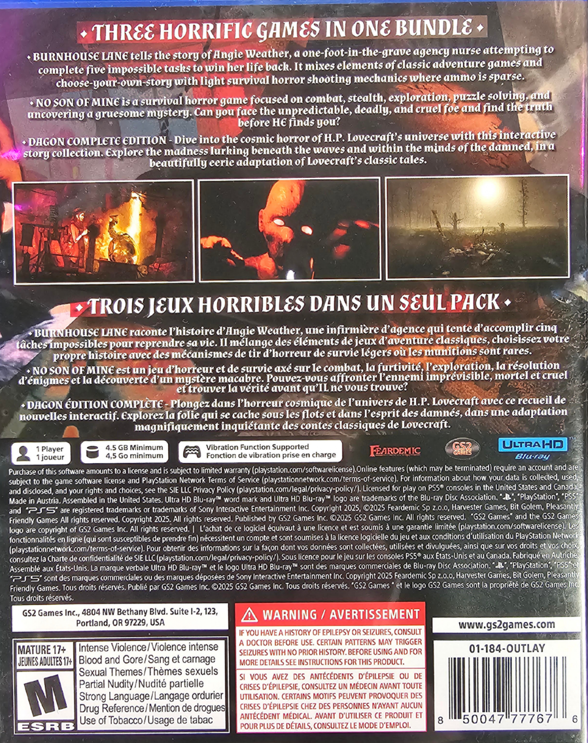 Feardemic Horror Bundle PlayStation 5 PS5 for horror video game fans featuring multiple terrifying games psychological horror survival horror dark atmospheric environments creepy enemies disturbing stories exploration puzzle solving intense suspense and immersive horror gameplay collectible gaming appeal back cover art