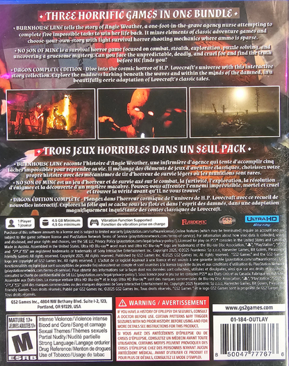 Feardemic Horror Bundle PlayStation 5 PS5 for horror video game fans featuring multiple terrifying games psychological horror survival horror dark atmospheric environments creepy enemies disturbing stories exploration puzzle solving intense suspense and immersive horror gameplay collectible gaming appeal back cover art