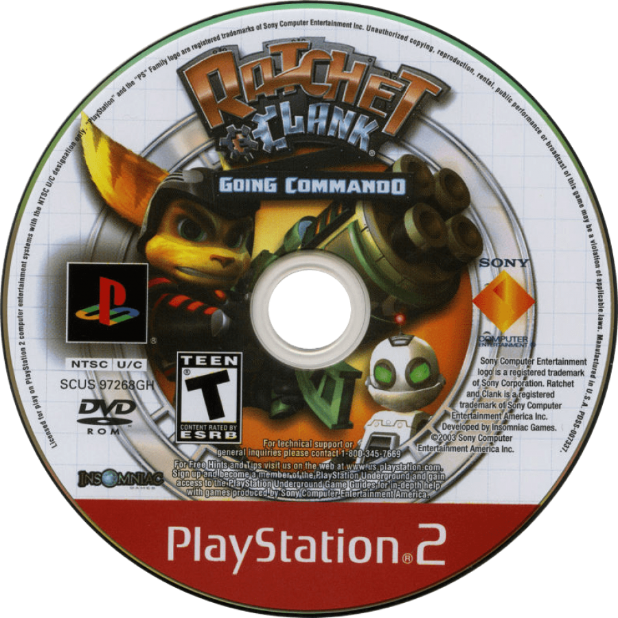 Ratchet and Clank Going Commando PS2 PlayStation 2 action platformer game sci fi adventure weapons upgrade system third person shooter gameplay retro video game disc Greatest Hits edition
