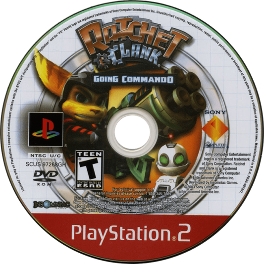 Ratchet and Clank Going Commando PS2 PlayStation 2 action platformer game sci fi adventure weapons upgrade system third person shooter gameplay retro video game disc Greatest Hits edition