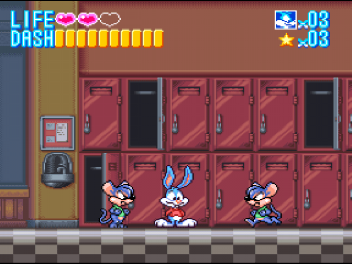 Tiny Toon Adventures Buster Busts Loose Super Nintendo Entertainment System SNES video game featuring action platforming gameplay Buster Bunny character cartoon adventure colorful environments enemy encounters obstacle courses jumping challenges and classic 16 bit Nintendo gameplay retro video game collection collectible gaming appeal gameplay