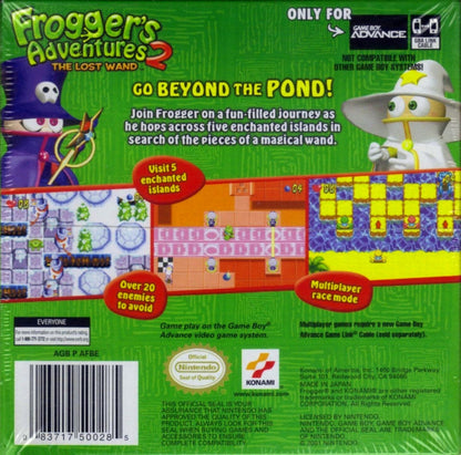 Frogger’s Adventures 2 The Lost Wand for Game Boy Advance, back of case for an action-adventure platformer video game with puzzle-solving gameplay, fantasy environments, character-based challenges, and classic arcade-style action