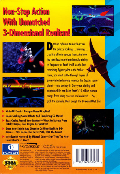 Stellar Fire Sega CD space combat simulation game first person cockpit view sci fi starfighter missions space dogfighting planetary battles CD audio soundtrack futuristic military storyline flight combat gameplay retro gaming Sega CD software video game title back cover art