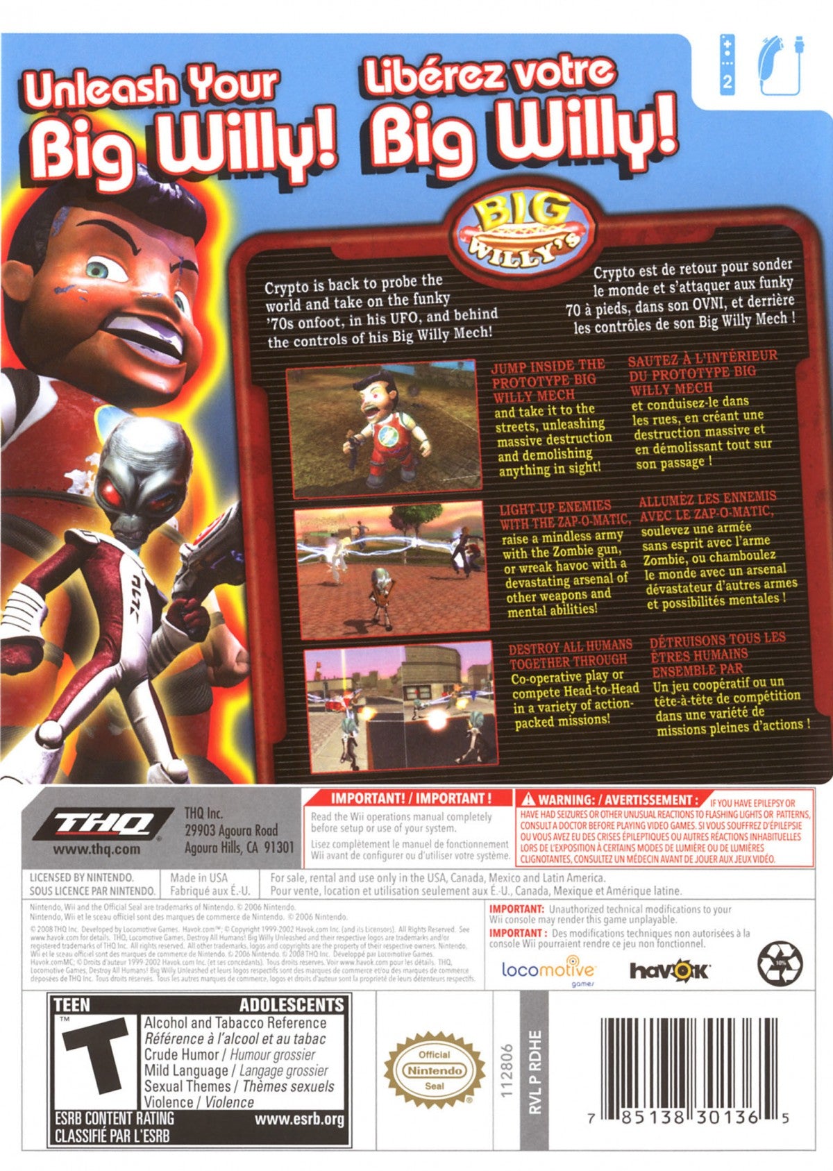 Destroy All Humans Big Willy Unleashed back cover art for Nintendo Wii (Wii) video game