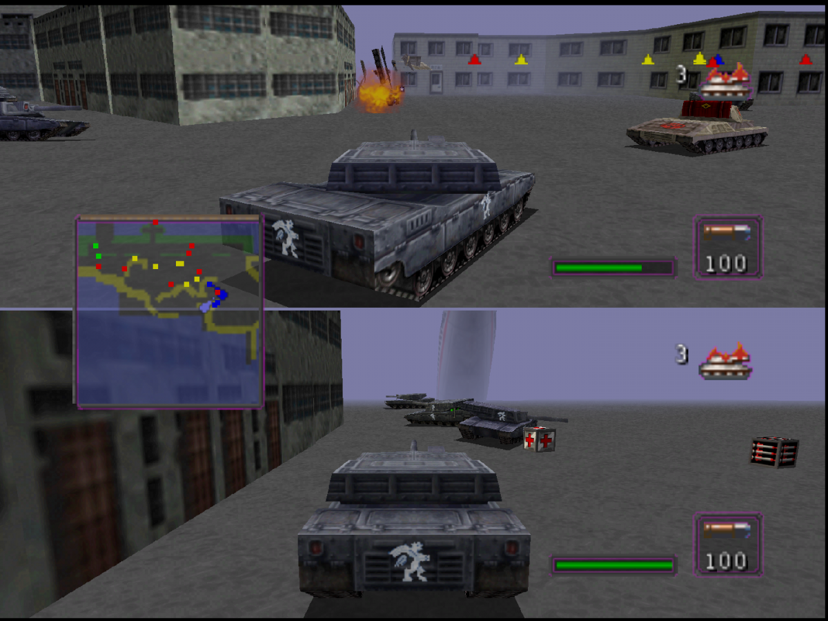Battletanx: Global Assault Nintendo 64 game featuring tank combat action and strategic battlefield gameplay on N64 splitscreen screenshot